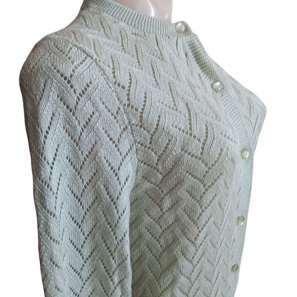Womens Medium Vtg Cardigan Sweater Mint Green Chevron Knit Pearl Granny Buttons - Picture 3 of 8
